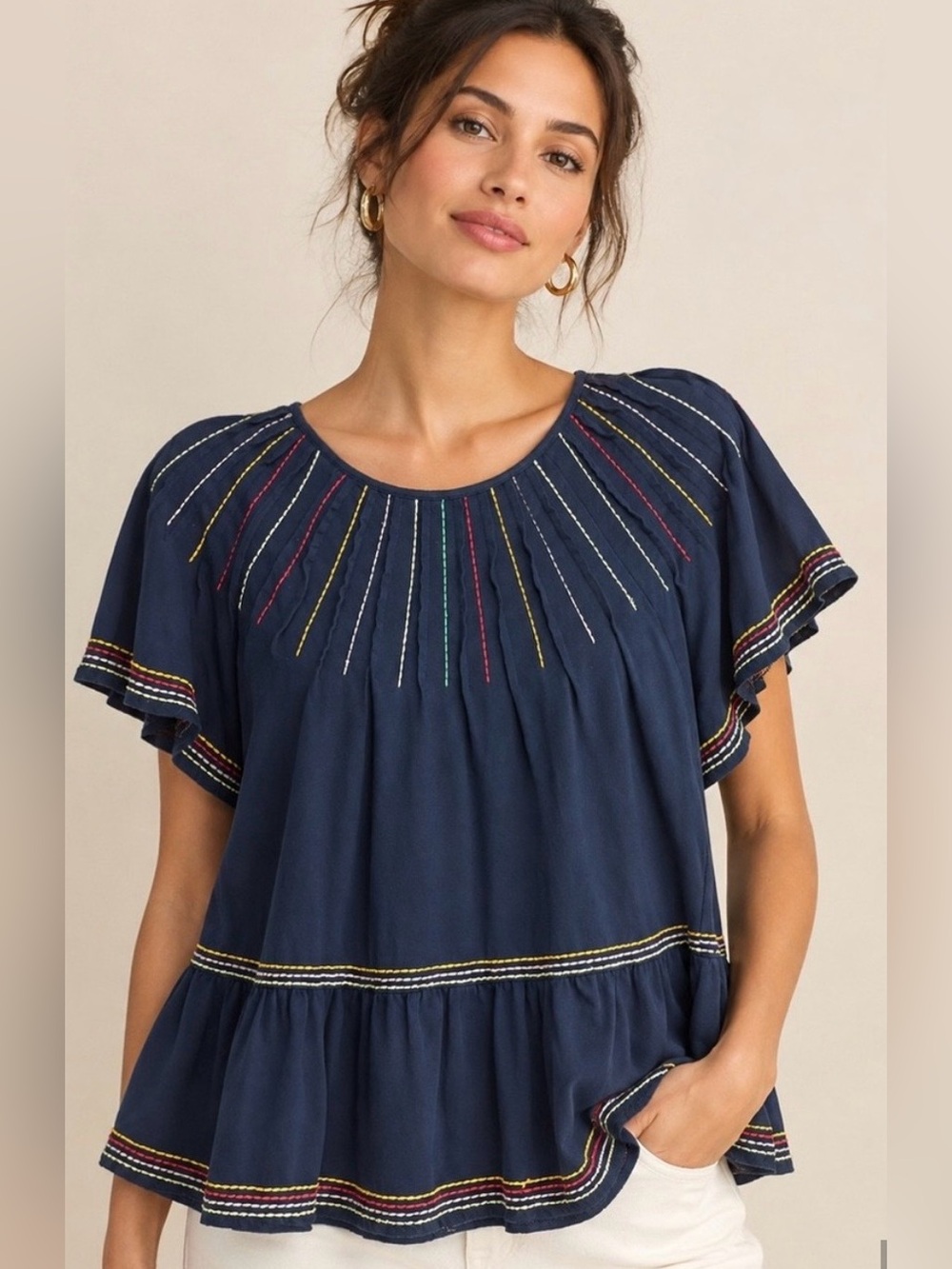 Maeve navy embroidered flutter sleeved top small
